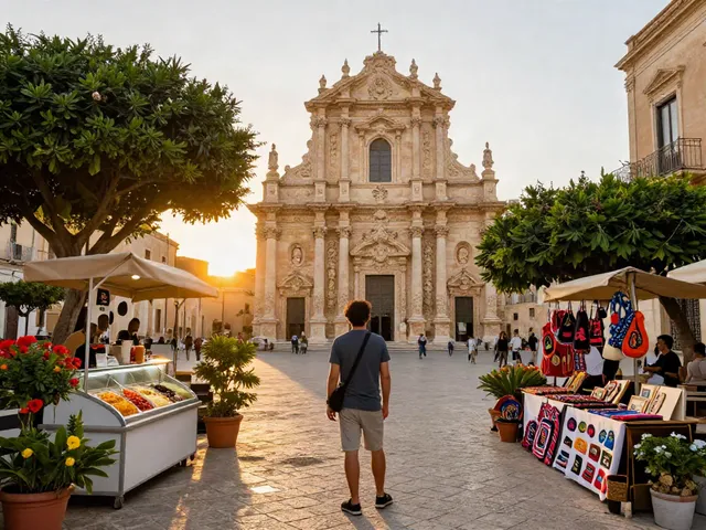 Un viajero explorando la arquitectura histórica de la ciudad de Siracusa, mientras disfruta de un gelato, representando la experiencia de the-sierakaudalo.