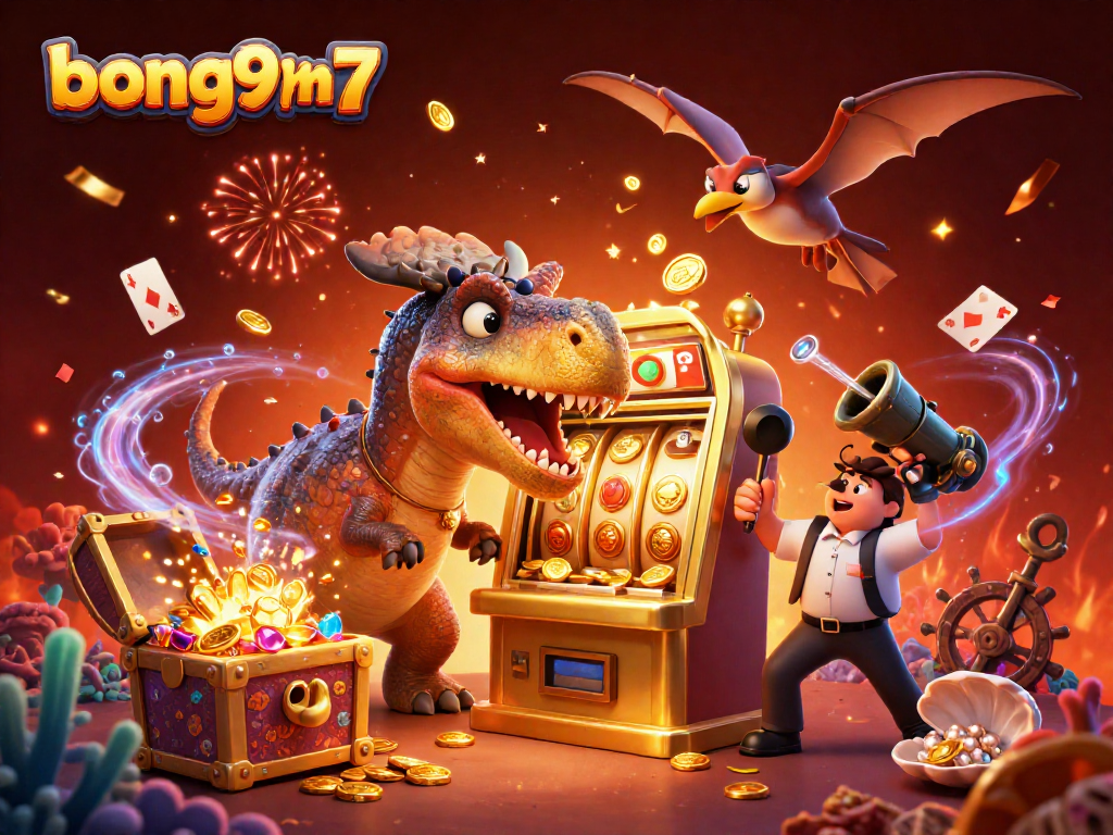 bong99m7 slot machine jackpot scene with cartoon dinosaurs and flying coins in a dynamic casino atmosphere
