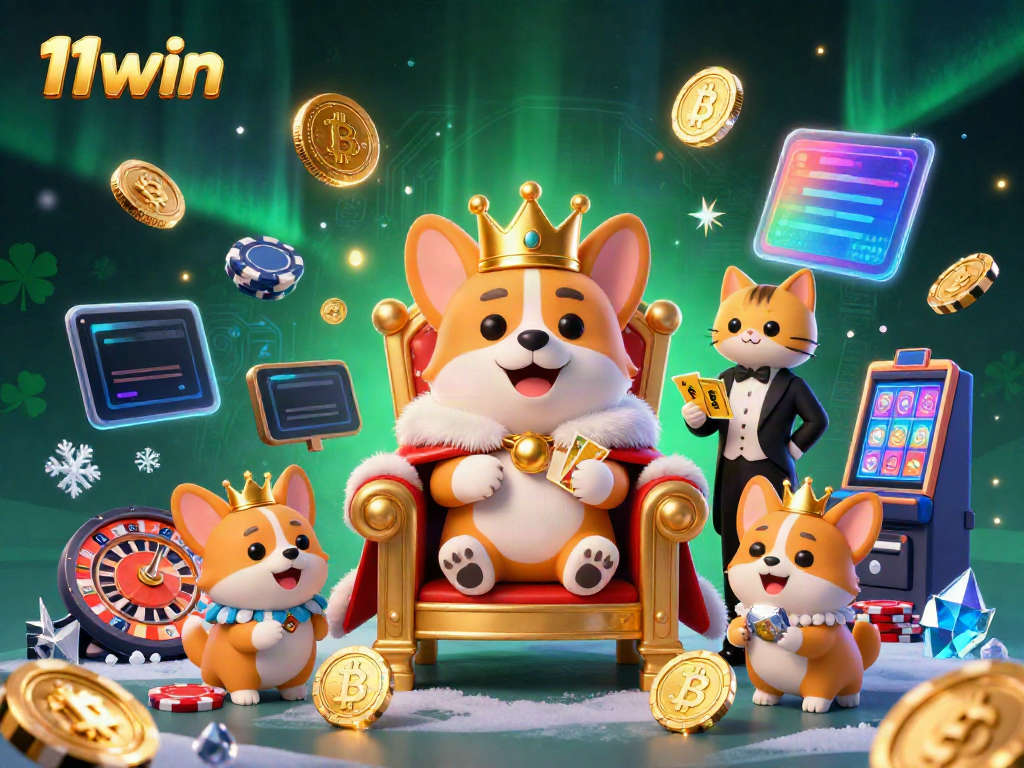 Join the fun at 11win with a royal corgi and its casino-themed companions in a vibrant gaming scene.