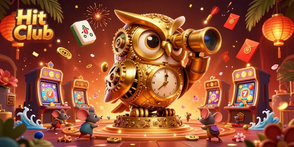 Experience vibrant casino action at Hit Club with a golden owl overseeing a bustling gaming floor.