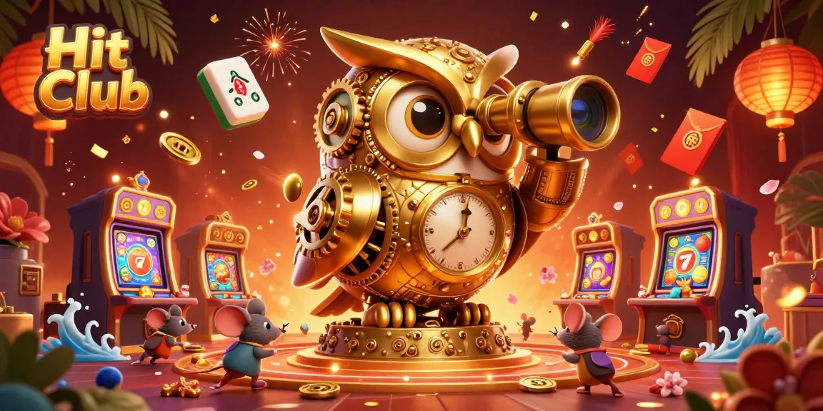Experience vibrant casino action at Hit Club with a golden owl overseeing a bustling gaming floor.