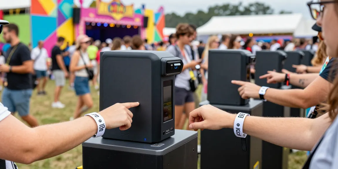 NFC wristbands streamline control de acceso con pulseras at a vibrant festival.