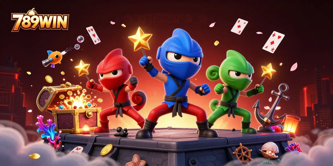 Experience thrilling action at 789WIN with our cartoon ninjas amid luxurious casino elements.