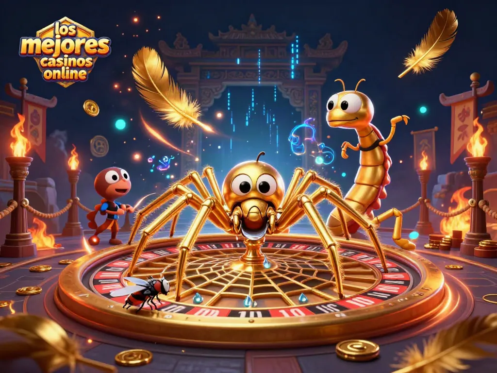 Los mejores casinos online muestran una araña dorada y un cíclope, girando una ruleta mágica.