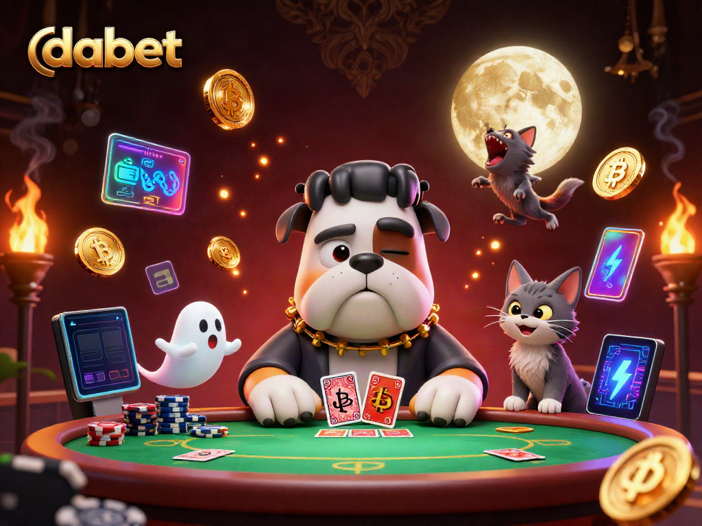 Play poker with dabet at a spooky table featuring a Frankenstein bulldog, ghost mouse, and werewolf kitten.