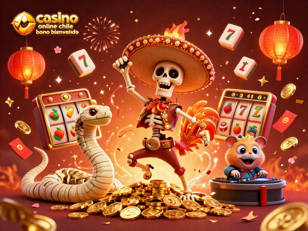 Captura la esencia del casino online chile bono bienvenida con un esqueleto celebrando entre monedas doradas.