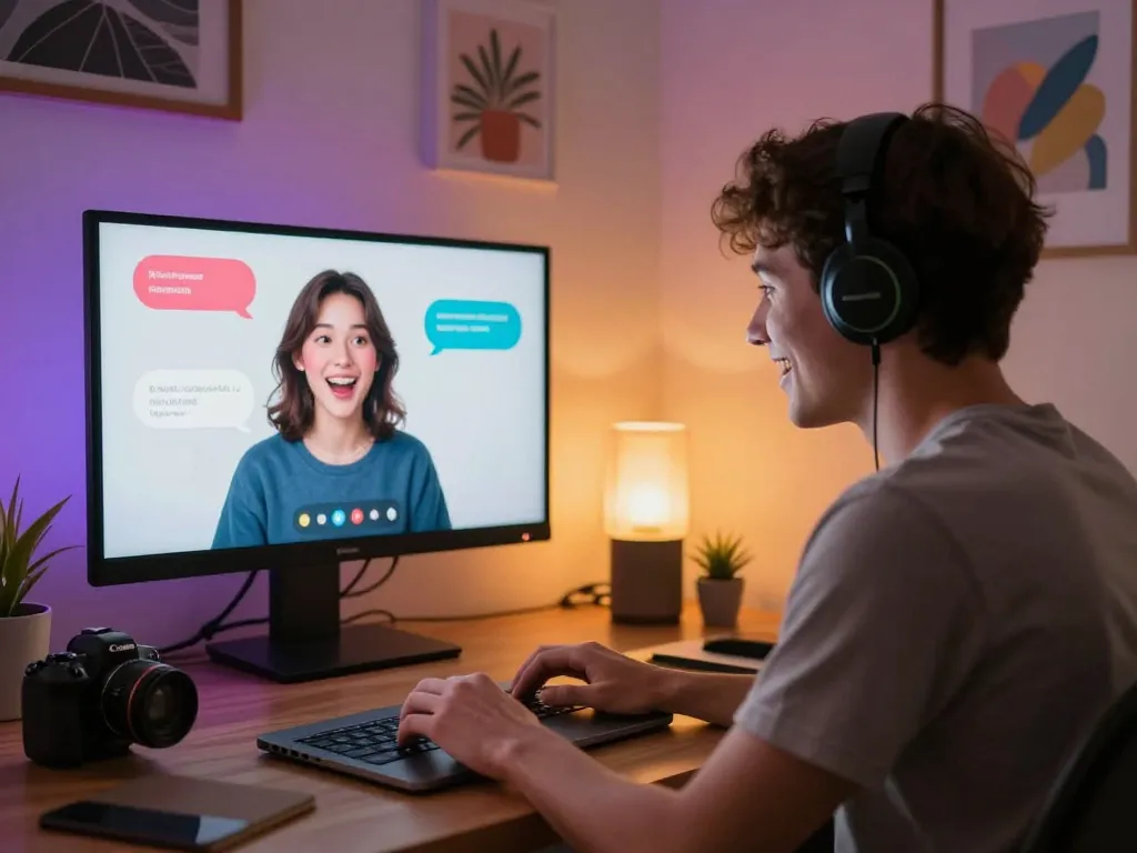 Engaging AI porn chat session with user and lively avatar in cozy room.