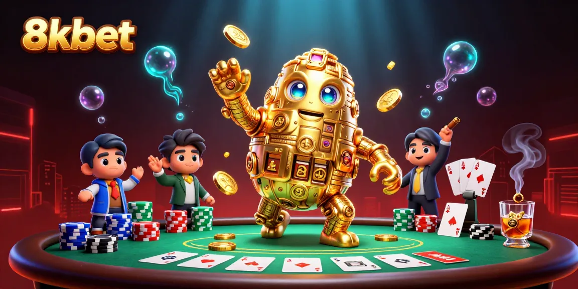 Experience thrilling gameplay at 8xbet with a cartoon golem surrounded by a vivid poker scene.