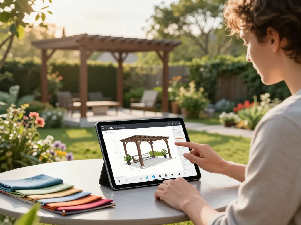 Diseñador profesional utilizando un configurador de pérgolas en 3D en un vibrante entorno de jardín con herramientas de diseño interactivas.