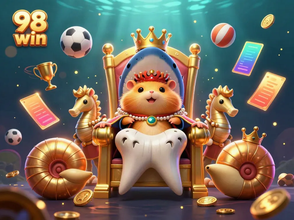Experience the thrill of 98 win with vibrant gambling elements in a 3D underwater casino scene.