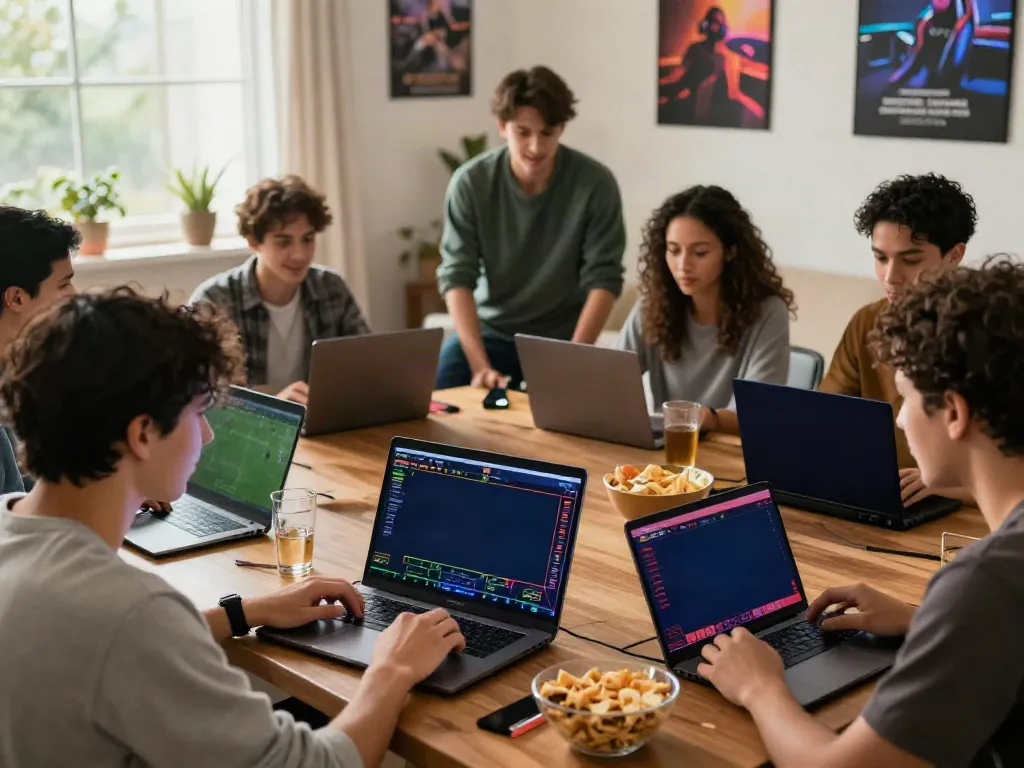 Players enjoying online gaming together at https://gem88.bz/ in a vibrant living room atmosphere.