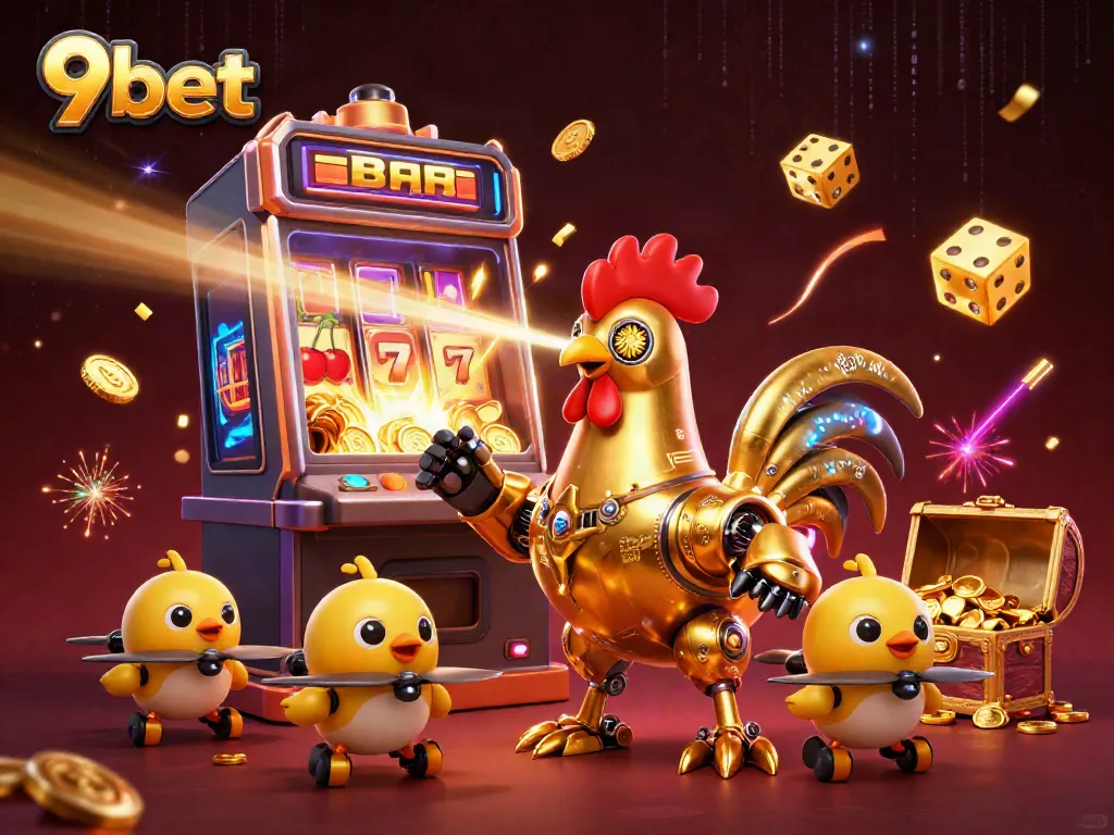 Engage in winning strategies with 9bet's vibrant casino action featuring golden rooster robot and exciting games.