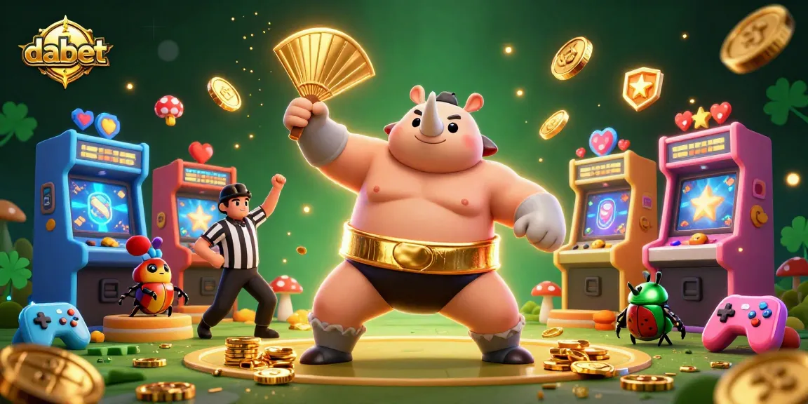 Experience the thrill of dabet with a dynamic illustration featuring a sumo champion beetle amidst flying coins.