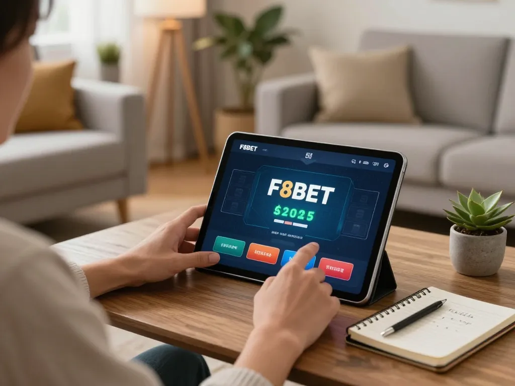 Person using F8bet0 life for online gambling on a tablet in a cozy home environment.