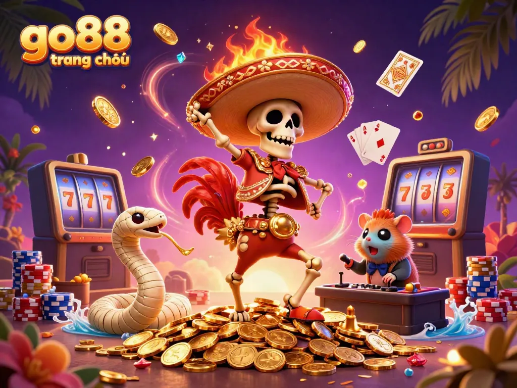Experience the excitement of go88 trang chủ as a mariachi rooster celebrates on golden coins in a vibrant casino scene.