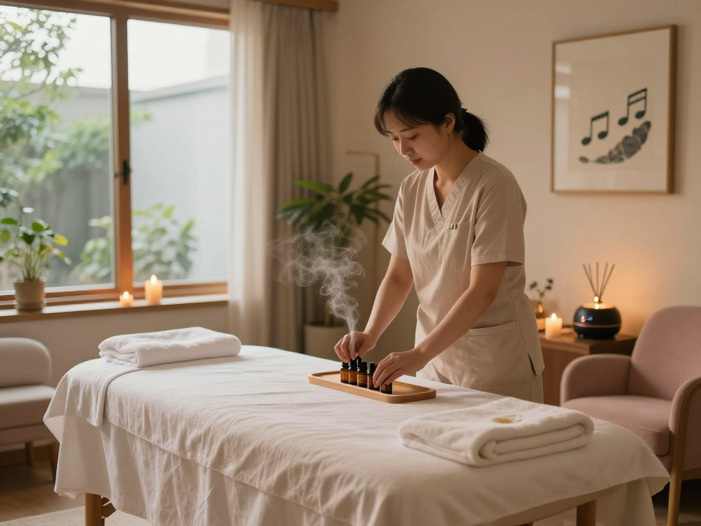 Elegant spa setup for 하남출장마사지 with essential oils, candles, and calming atmosphere.