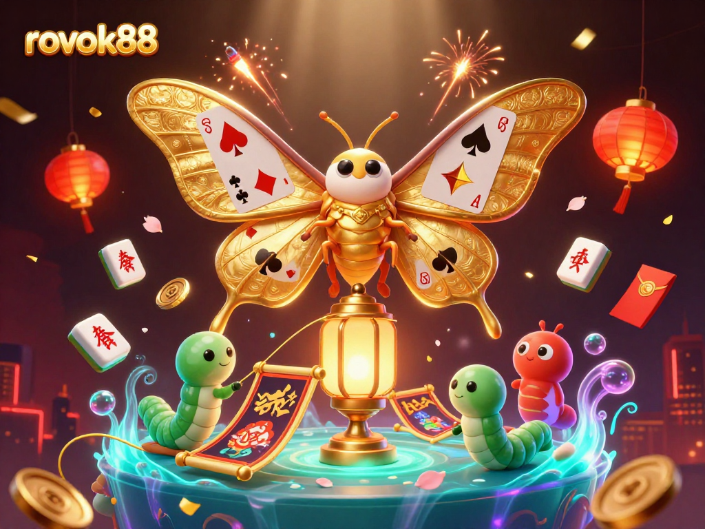 Feel the excitement at rokok88 with a vivid 3D illustration showcasing vibrant casino elements and a majestic moth.