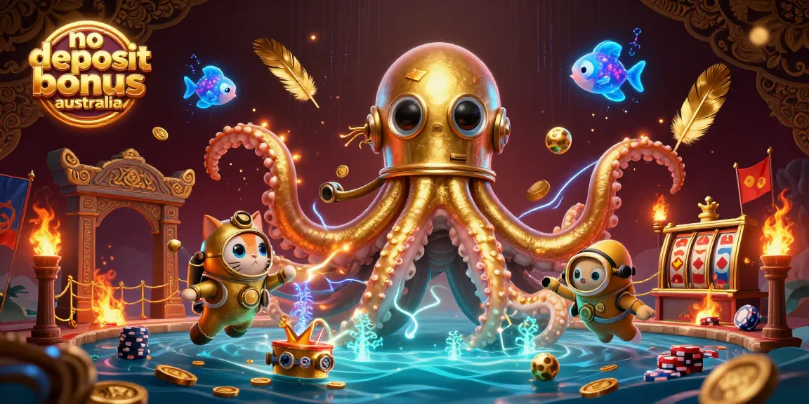 No deposit bonus australia illustrated scene with kraken, diving cat, and casino elements.