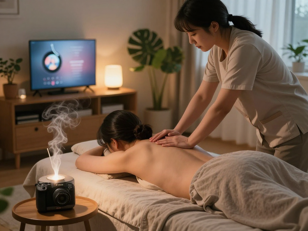 At-home 서울출장안마 session with a therapist providing soothing massage in a cozy, serene apartment setting.