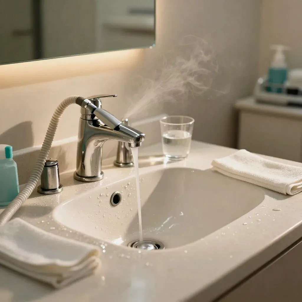 Estación de limpieza dental con lavabo cerámico, succión y vapor suave en una clínica