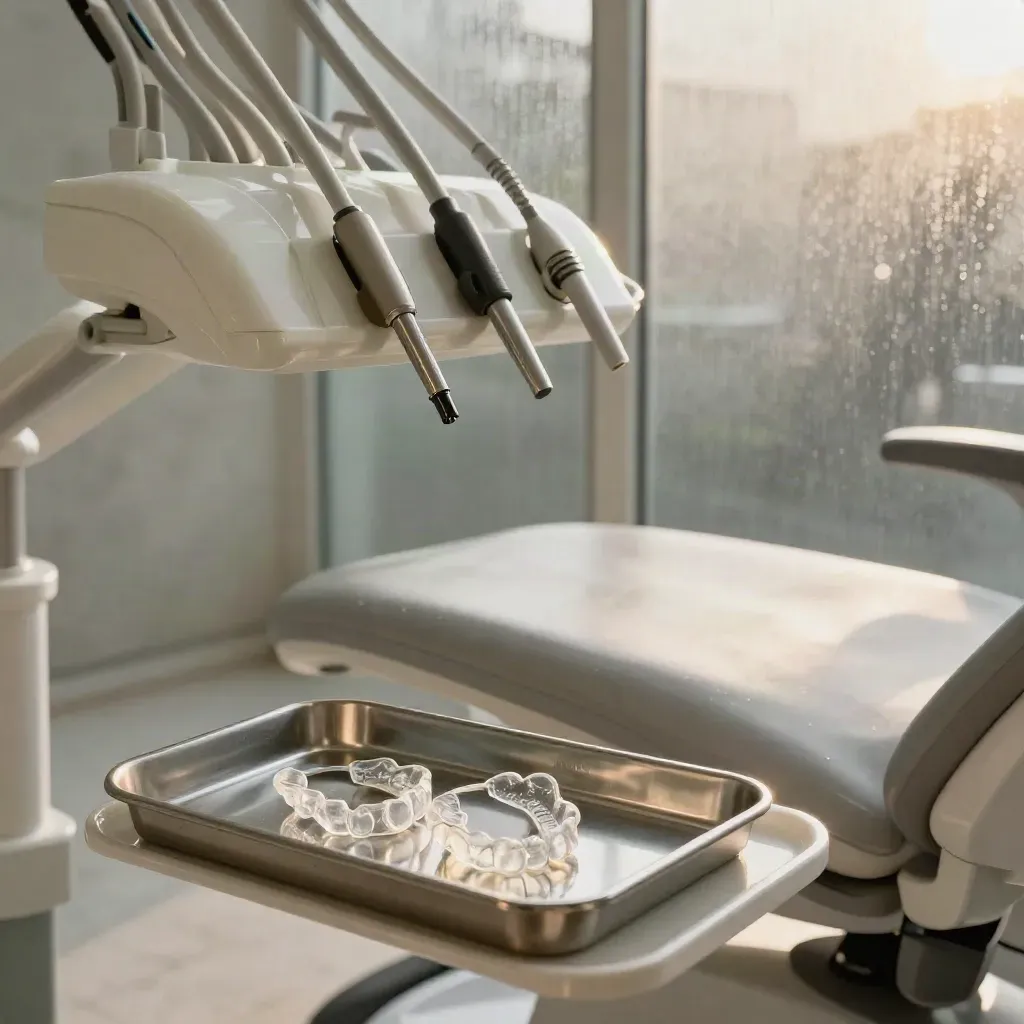 Interior odontológico elegante con silla cerámica, instrumental y luz dramática.