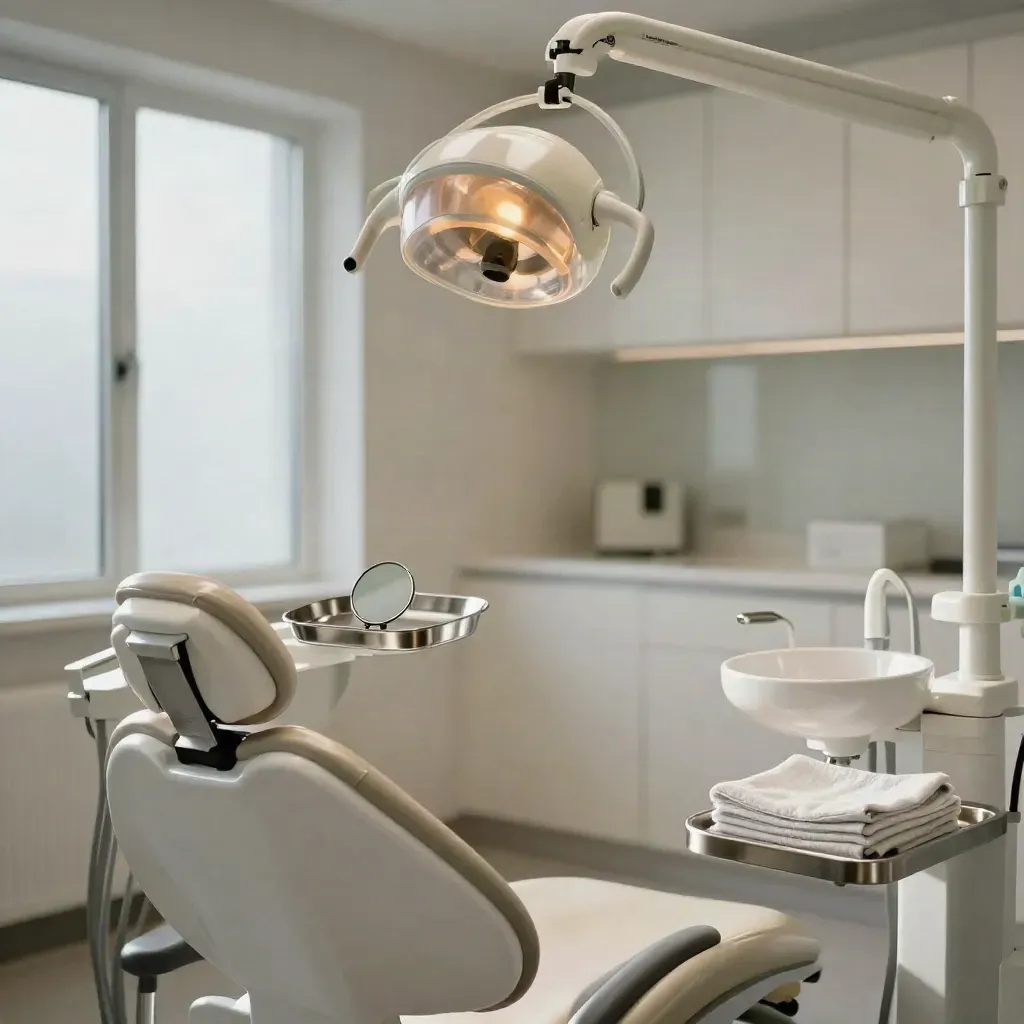 Consulta dental preparada en un gabinete moderno, con sillón, lámpara, bandeja, lavabo y toalla doblada.