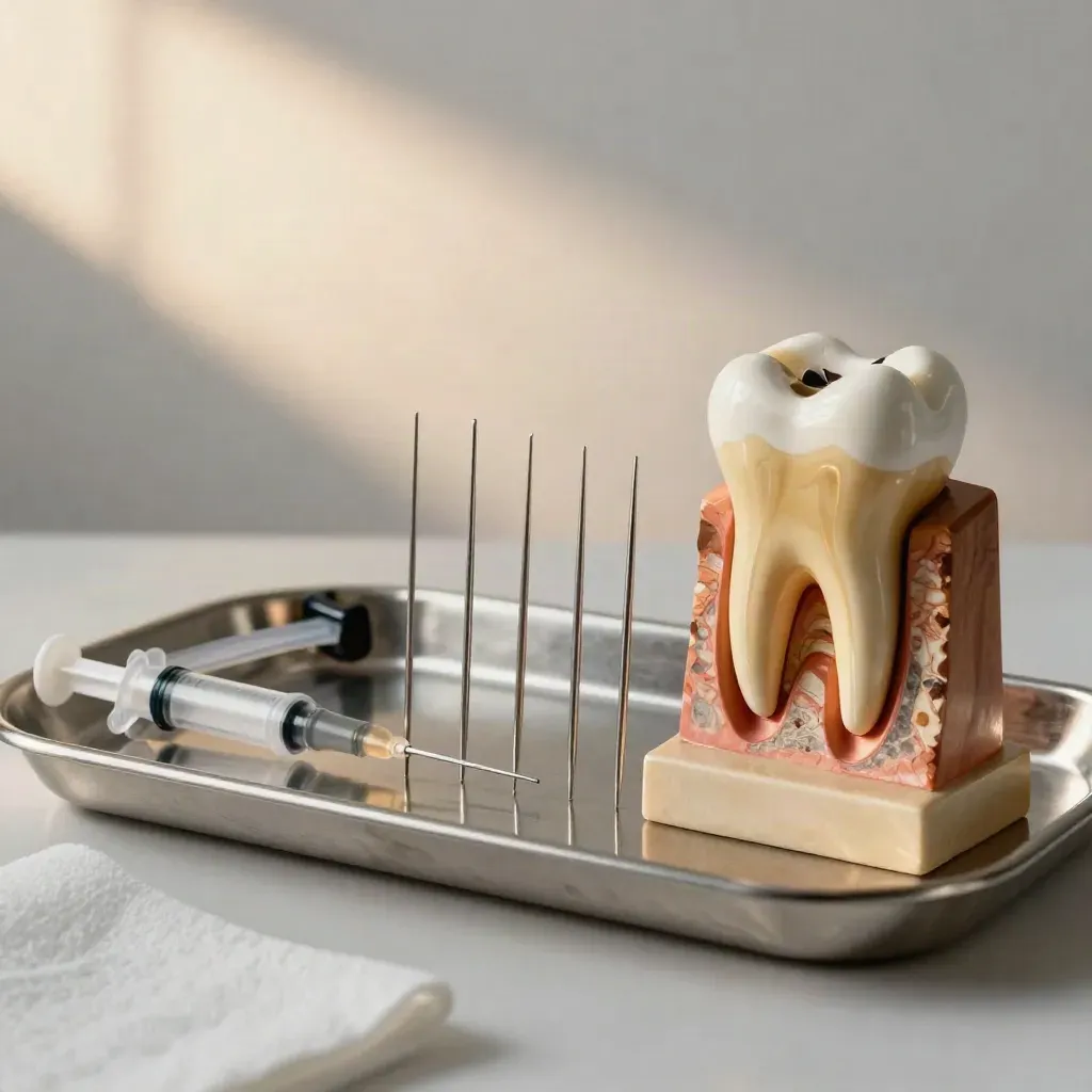 Kit de endodoncia junto a un molar seccionado que muestra el trayecto del conducto.