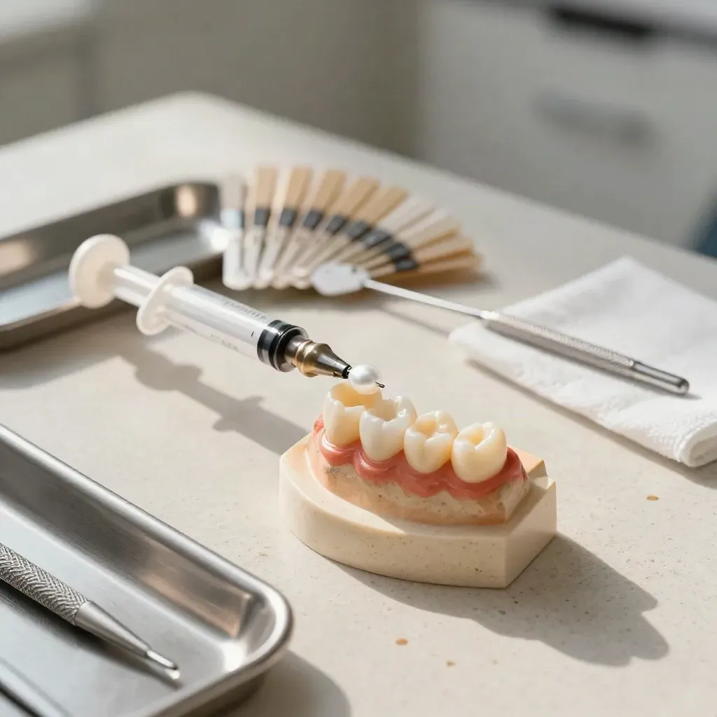 Modelo dental con empaste estético, jeringa de composite, luz de curado y guías de color