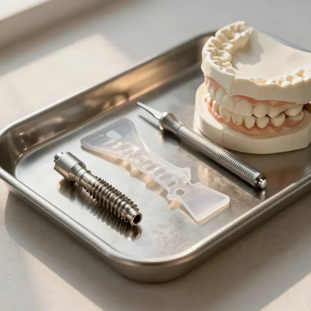 Kit de implante dental sobre bandeja metálica, con guía quirúrgica y modelo óseo, en luz dramática.