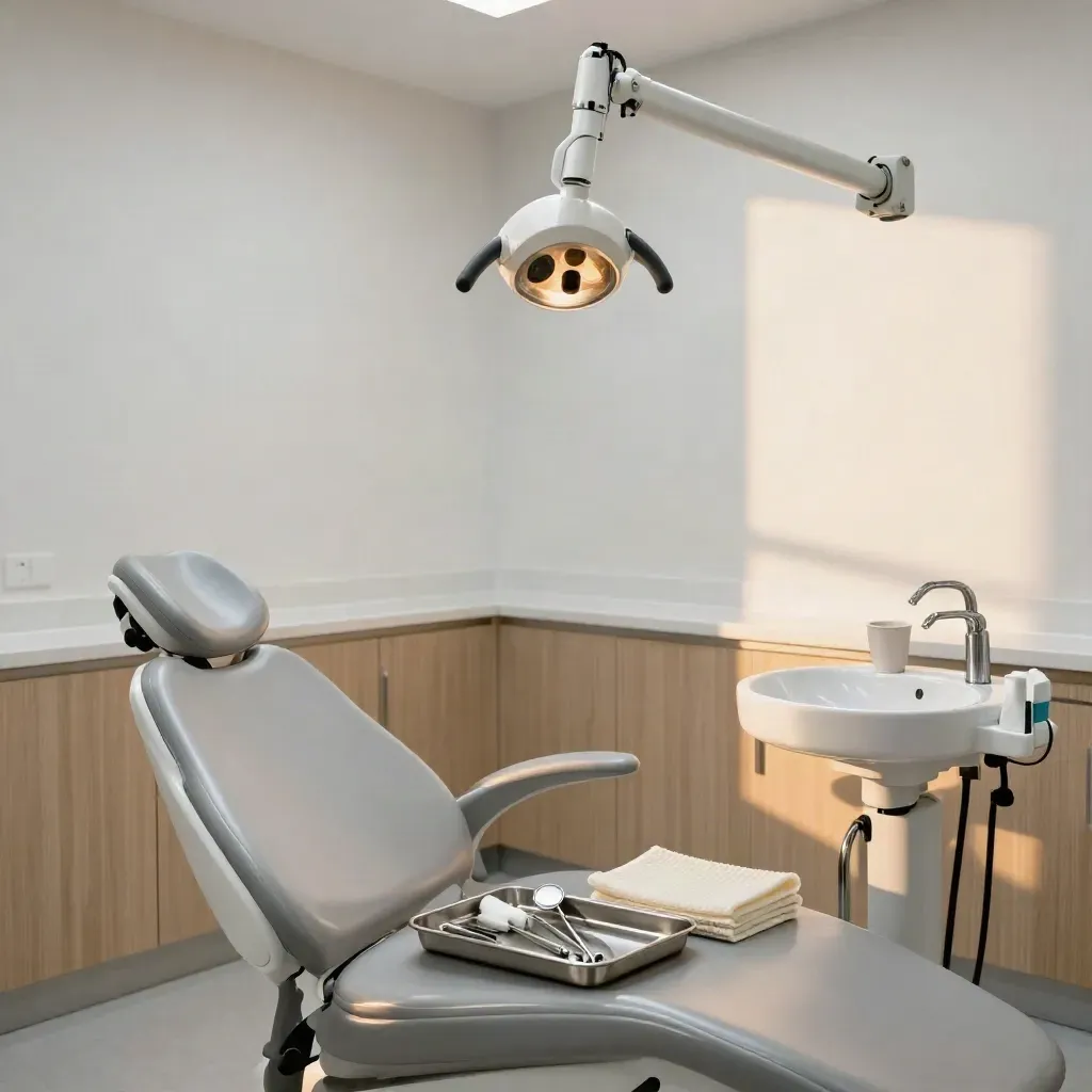 Sala dental impecable con sillón, lámpara y bandeja preparada, vacía y lista tras una revisión.