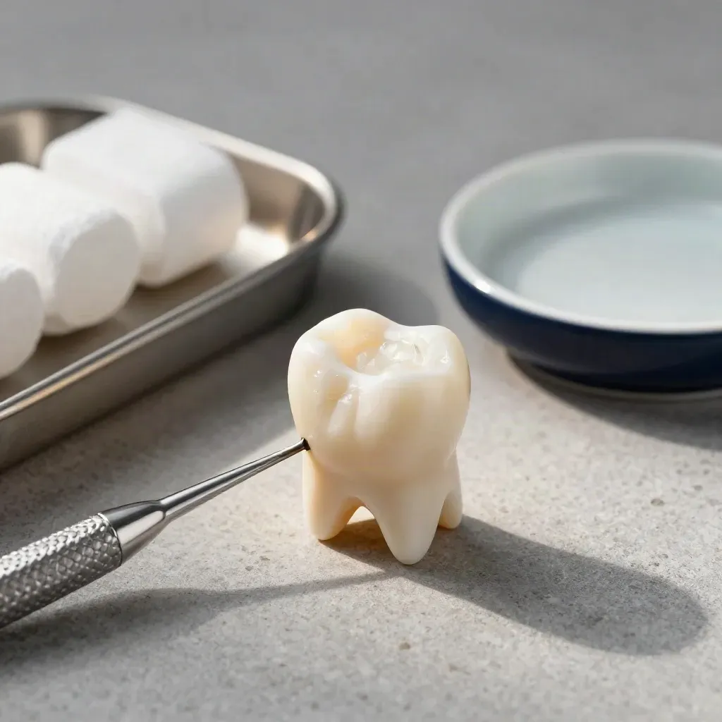 Molar restaurado con empaste brillante junto a bandeja de instrumentos dentales.