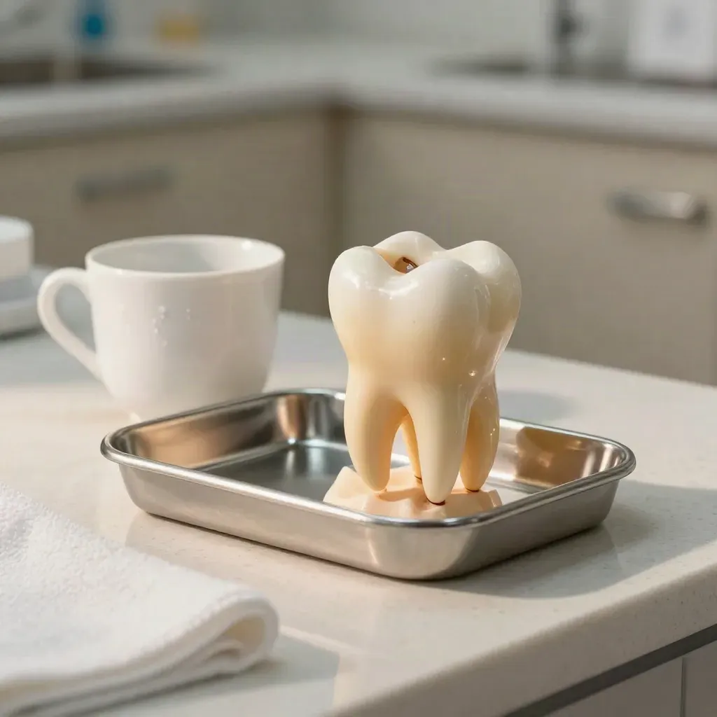 Modelo dental de endodoncia con taza cerámica y bandeja estéril en clínica
