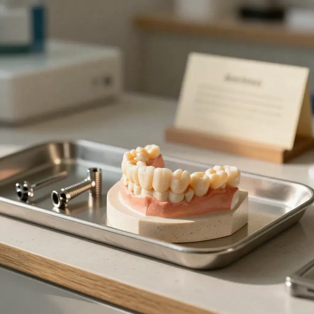 Implante dental final en modelo de mandíbula con piezas de titanio y base de piedra en clínica luminosa.