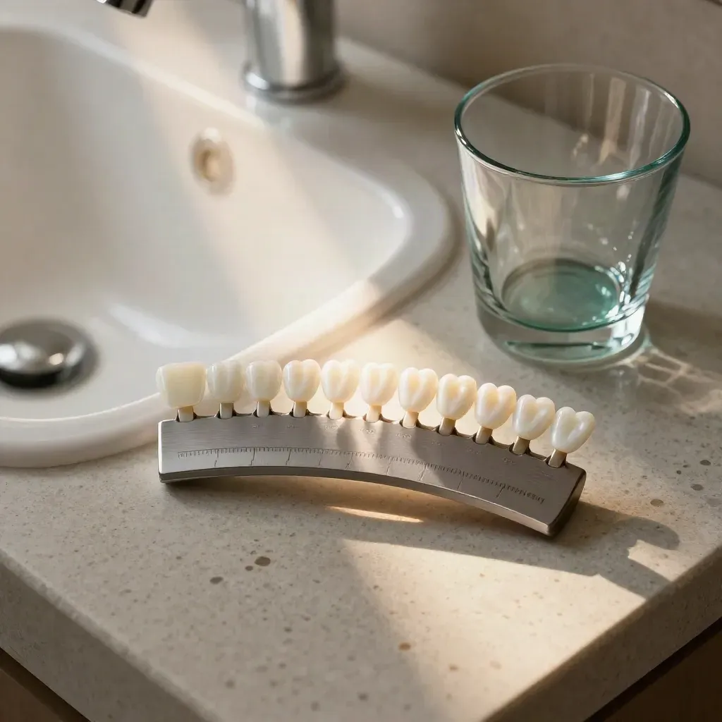 Guía de tonos de blanqueamiento, diente modelo brillante y lavabo cerámico con vaso de vidrio.