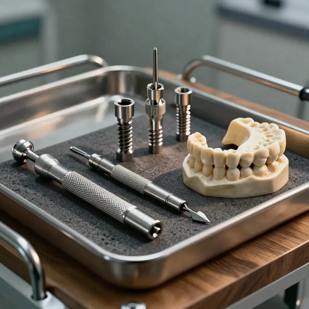 Kit de implantología con fixtures de titanio, drivers y mandíbula modelo sobre bandeja metálica oscura.