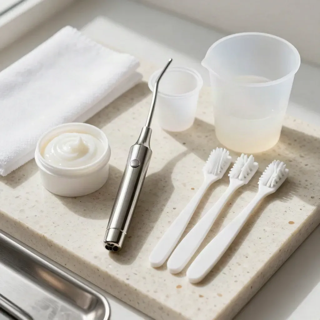 Kit de higiene dental con instrumental sobre travertino blanco, vista cenital editorial.