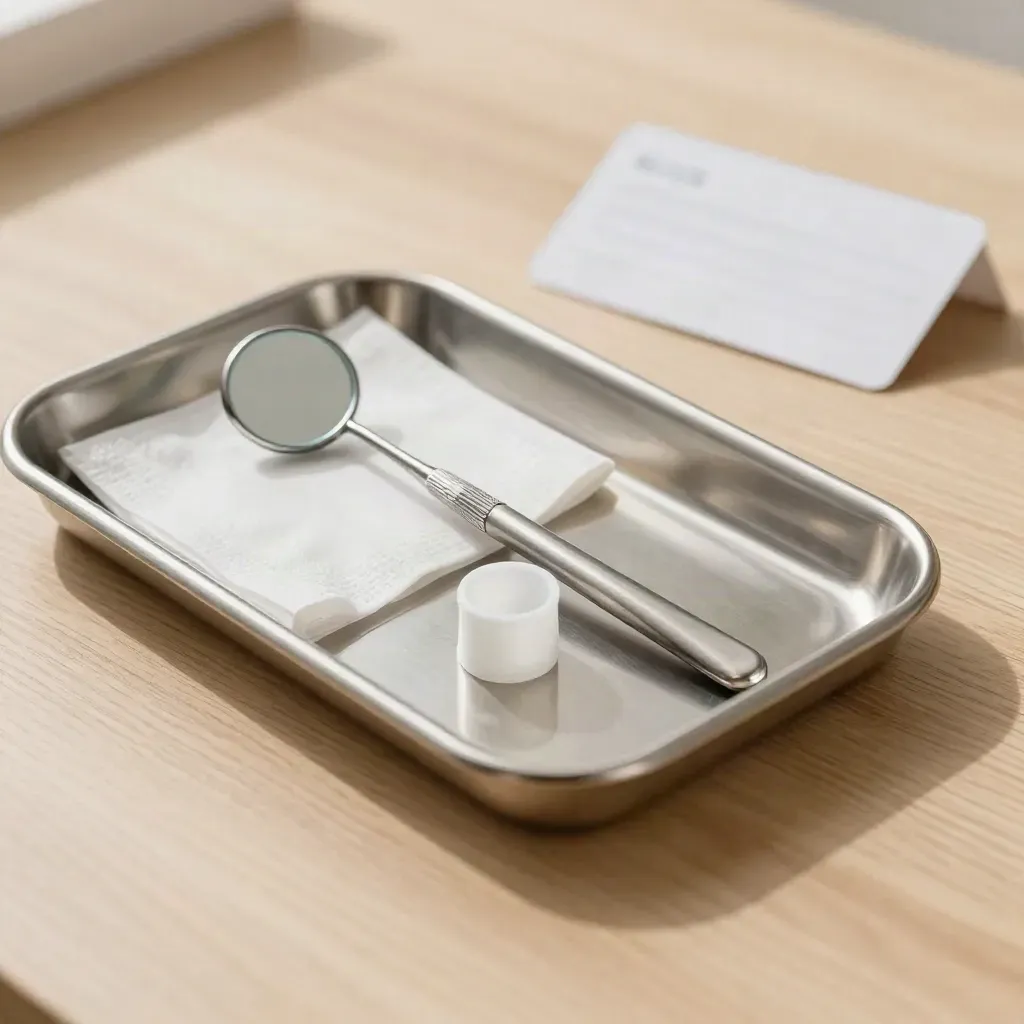 Kit dental sobre madera clara con espejo, sonda y vaso de enjuague.
