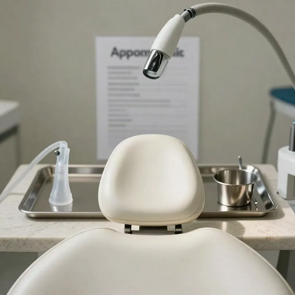 Cabezal de sillón dental, succión y caddy estéril en una consulta, luz suave y orden clínico.