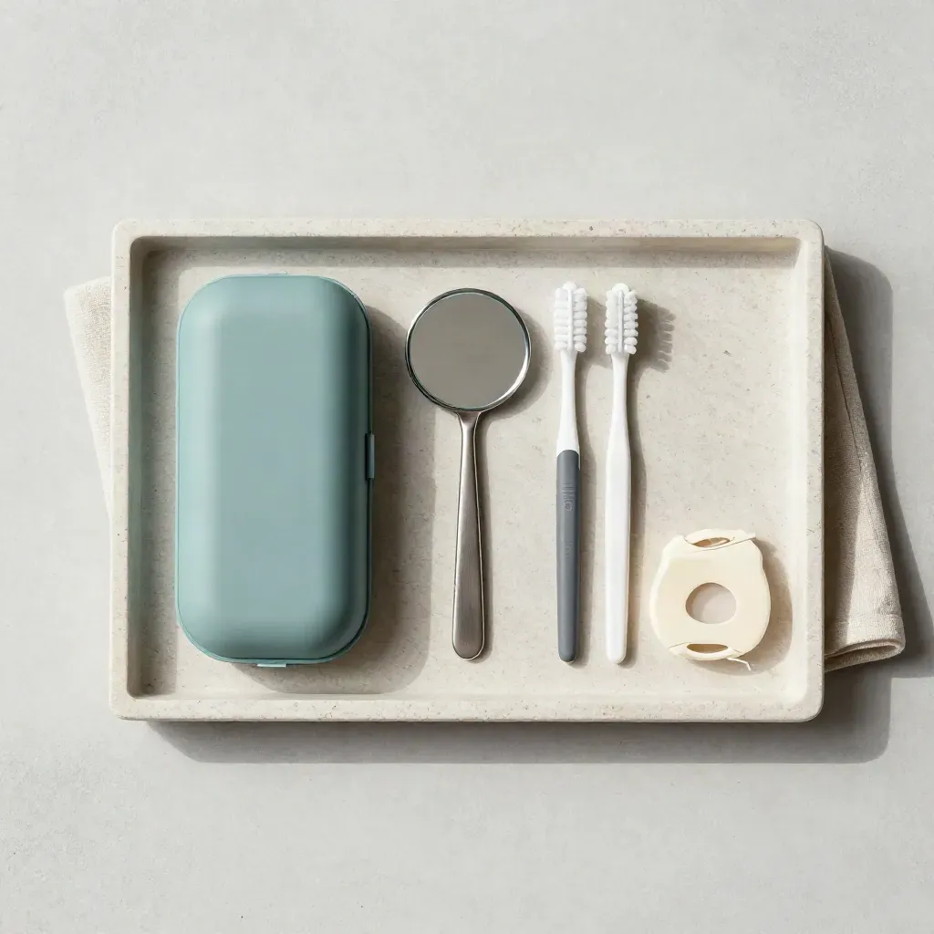 Kit dental con caja de retenedor, cepillos interdentales, hilo y espejo sobre bandeja de piedra.