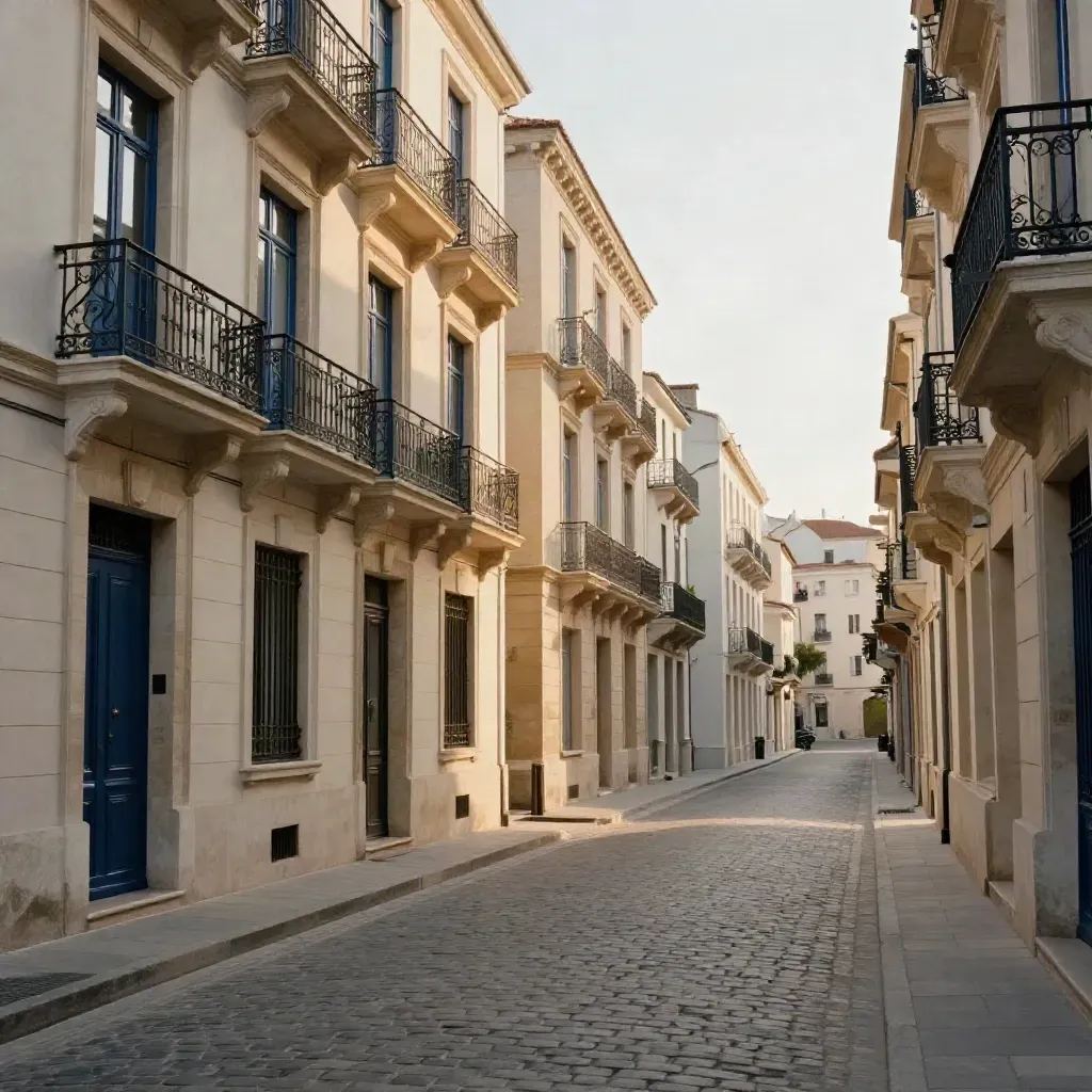 Fachadas de Chamberí al atardecer con balcones de hierro y caliza, calle tranquila y vacía.