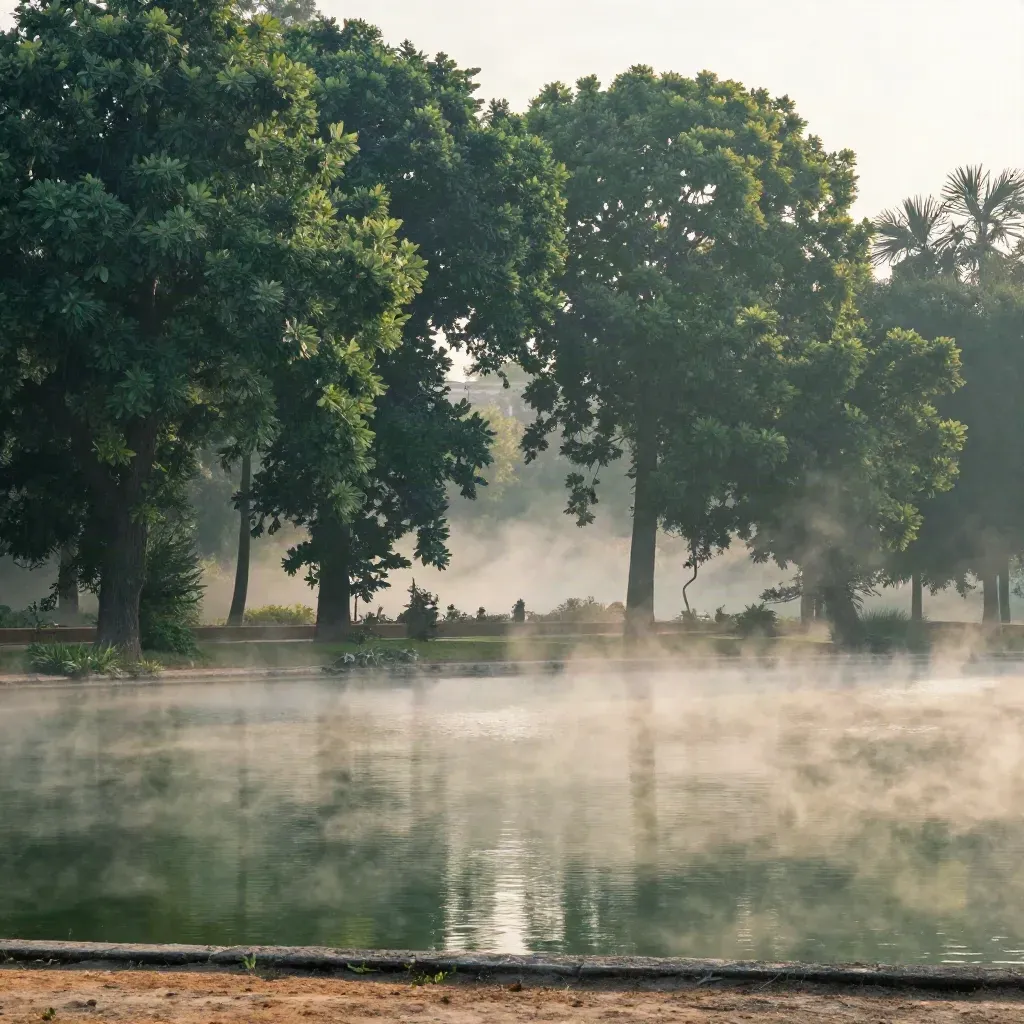 Vista aérea de El Retiro al amanecer con niebla, copas de árboles y un lago tenue.