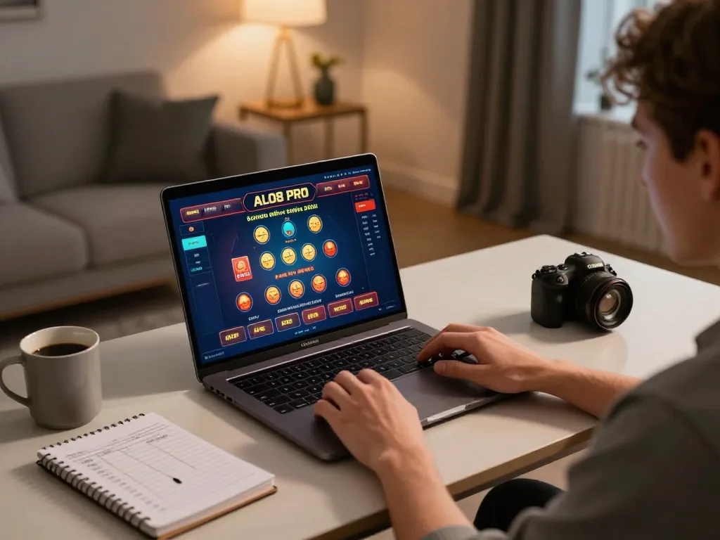 Person engaged in online gambling using ALO8 PRO interface on laptop, showcasing exciting gameplay.