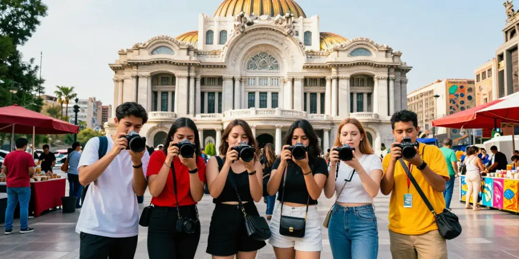 Locaties voor foto's en video in CDMX met creatieve jongeren voor iconische bezienswaardigheden.