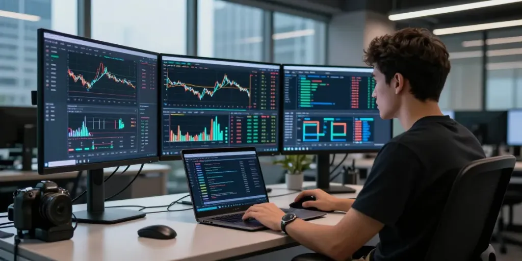 Escenario de trading profesional de Phuwerte Inwersowia con pantallas mostrando datos de criptomonedas.