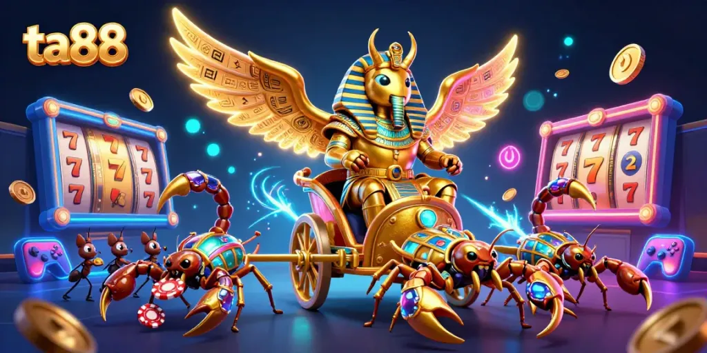 Engage in thrilling ta88 gameplay with a golden scarab beetle in a vibrant casino atmosphere.