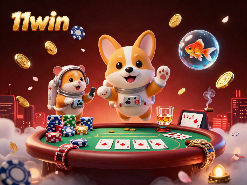 Experience thrilling gaming with 11win in this vibrant 3D casino scene featuring playful characters.
