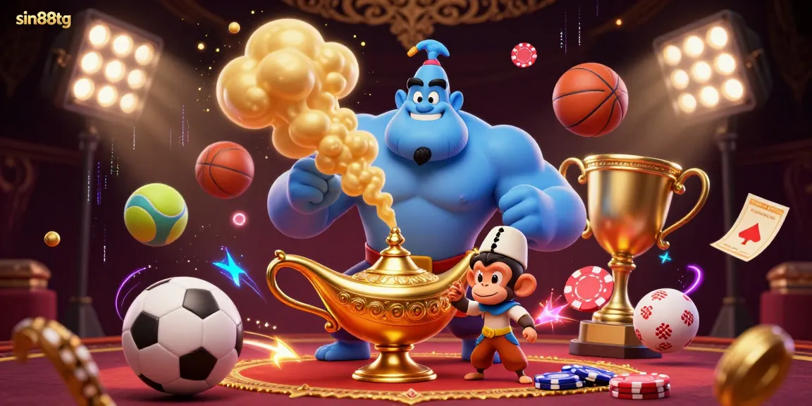 Engage in thrilling gameplay with sin88tg as the genie grants jackpot wishes amidst vibrant casino elements.