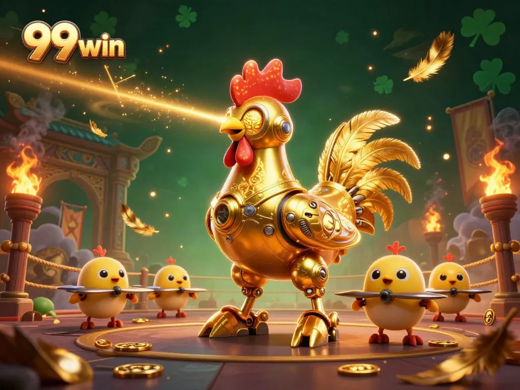 Engage in immersive gameplay with 99 win, featuring golden rooster robot amidst a dynamic casino scene.