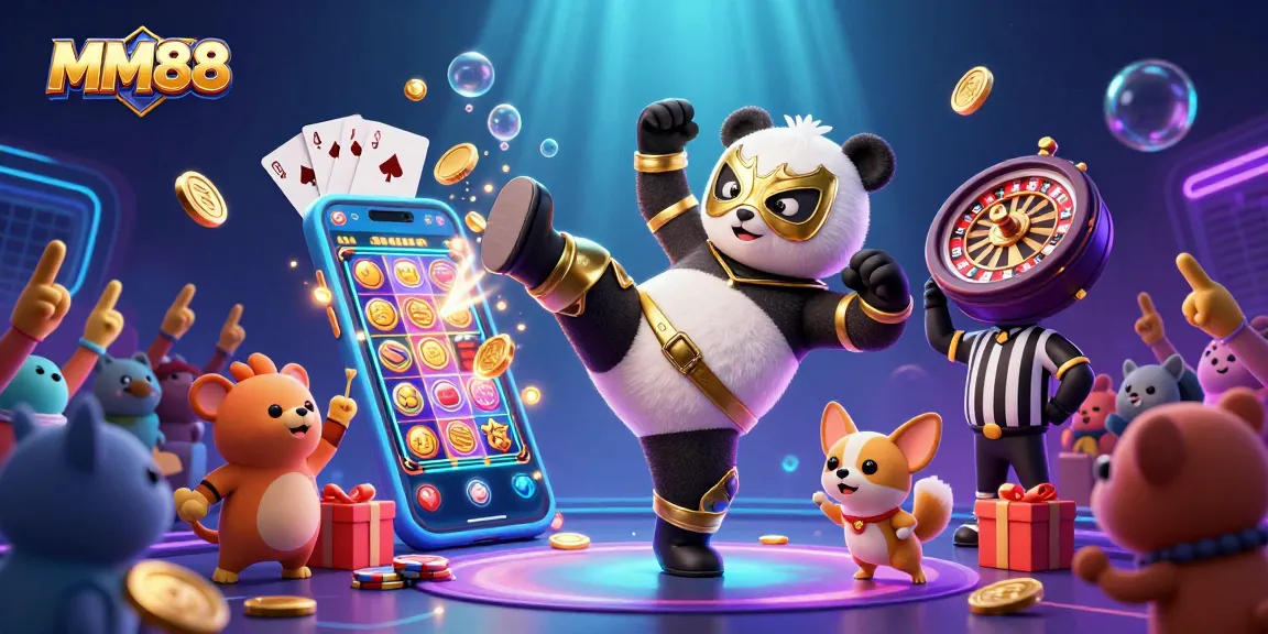 Experience the excitement of MM88 with a vibrant scene featuring a panda wrestler and decorative casino elements.