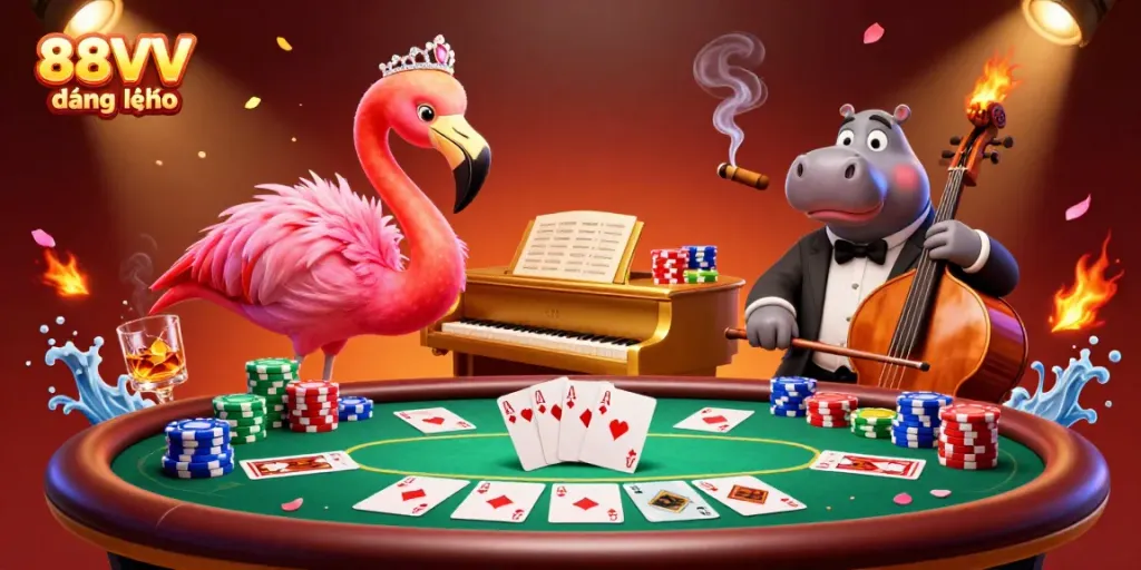 Experience exciting online gaming with 88VV đăng nhập in this vibrant casino scene featuring lively characters and game elements.